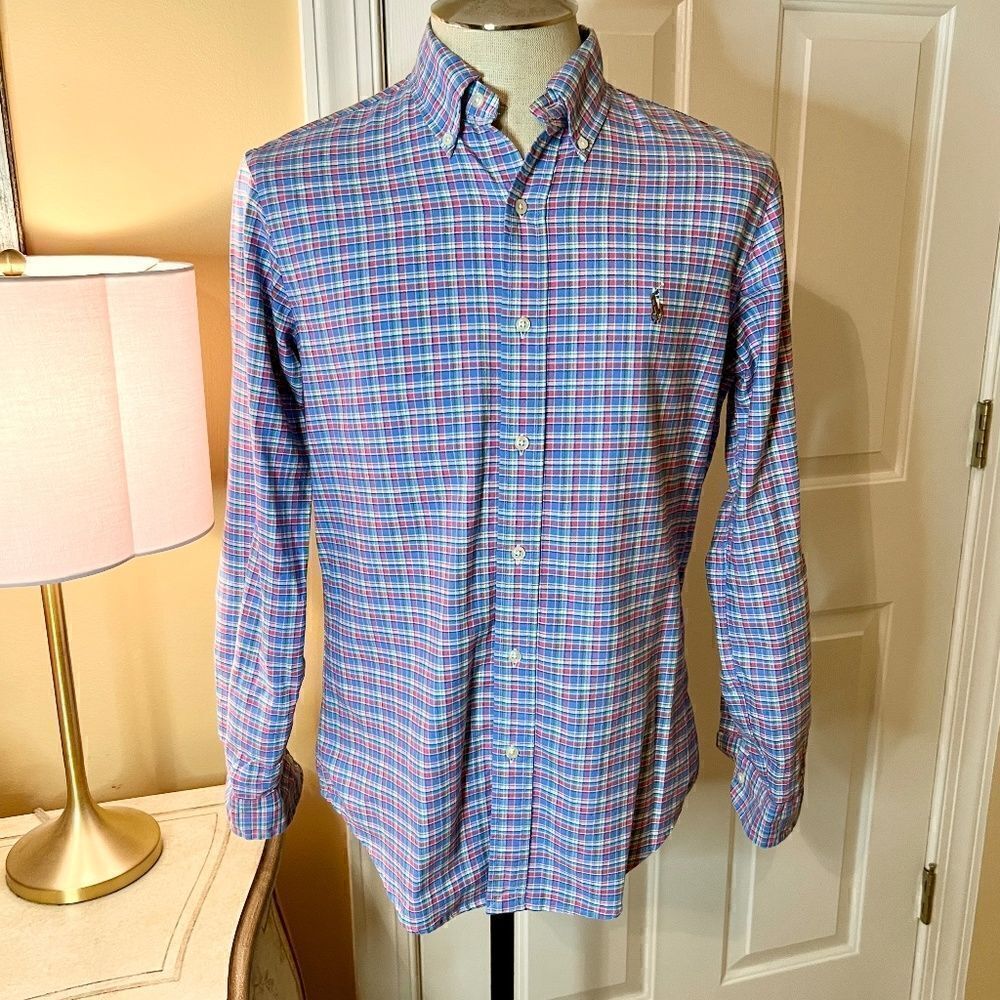 Men's Ralph Lauren Pink Blue Plaid Classic Fit Button Down Oxford Shirt Sz SMALL